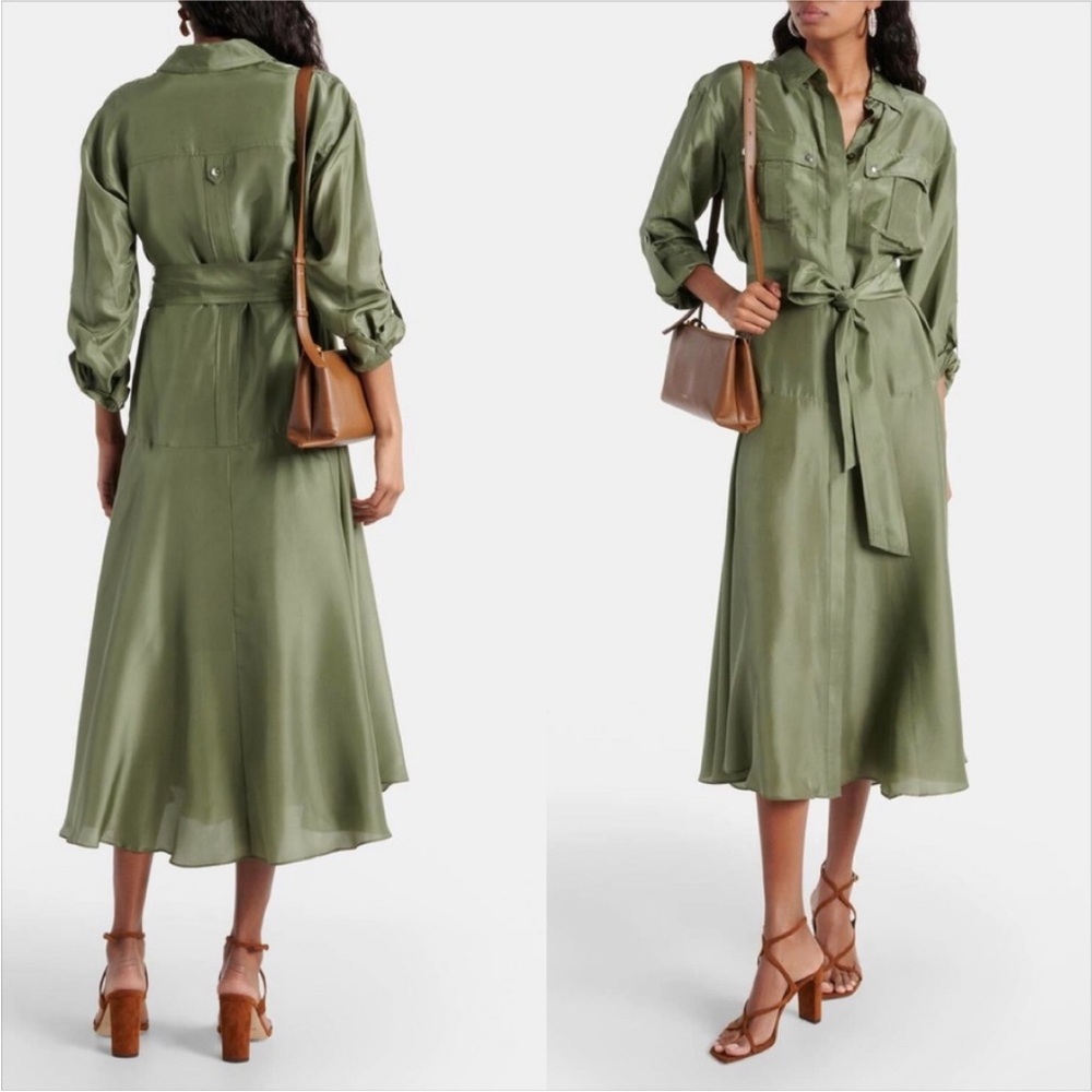 VERONICA BEARD Camille olive green utility silk dress Belted Shirt Dress Size 6
